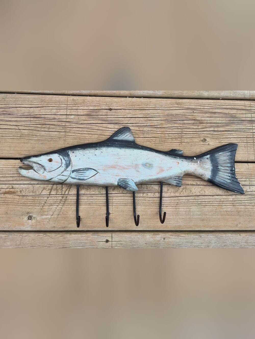 Rustic Artisan Wood Salmon Wall Hook Rack (18” x 8”)